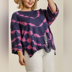 Oversized Tie-Dye Distressed Striped Sweater